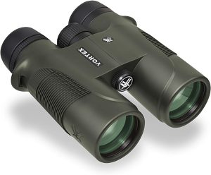 Best Overall Hunting Binocular  10x 42mm roof prism  Wide 315ft field of view  Superior edge-to-edge sharpness  Fully multi-coated lenses  Phase corrected roof prisms  Metal body, rubber armor coating  Argon purged, O-ring seals  Tripod adapter socket  Over 54,000 Amazon reviews